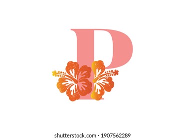 Monogram initials letter P with hibiscus flower on white background. 