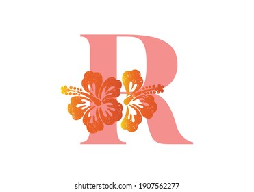 Monogram initials letter R with hibiscus flower on white background. 