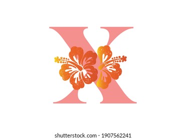 Monogramm-Initialen Buchstaben X mit Hibiskus-Blume auf weißem Hintergrund. 