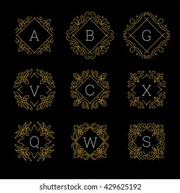 Monogram initials set. Line art style. Isolated on black background. Vector illustration.