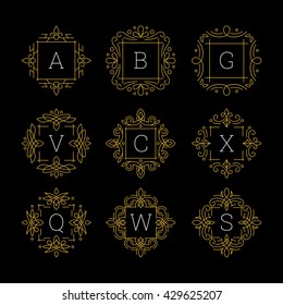 Monogram initials set. Line art style. Isolated on black background. Vector illustration.