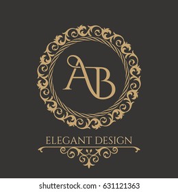 Monogram from intertwining letters AB in elegant flower frame. Baroque style. Place for text. Golden template for cafe, bars, boutiques, invitations. Logo for business. Vintage elements. Vector