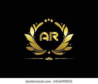 Monogram from intertwining letters AR in elegant flower frame. Baroque style. Place for text. Golden template for cafe, bars, boutiques, invitations. Logo for business. Vintage elements. Vector