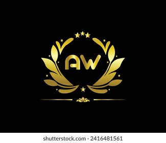 Monogram from intertwining letters AW in elegant flower frame. Baroque style. Place for text. Golden template for cafe, bars, boutiques, invitations. Logo for business. Vintage elements. Vector