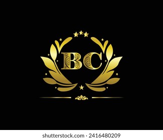 Monogram from intertwining letters BC in elegant flower frame. Baroque style. Place for text. Golden template for cafe, bars, boutiques, invitations. Logo for business. Vintage elements. Vector