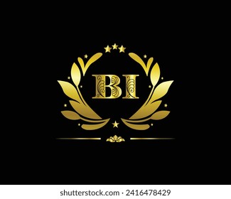 Monogram from intertwining letters BI in elegant flower frame. Baroque style. Place for text. Golden template for cafe, bars, boutiques, invitations. Logo for business. Vintage elements. Vector
