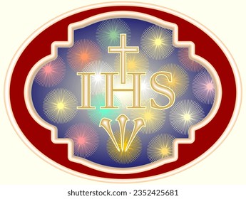 Monogram of Jesus, with the Cross, three nails and a glare of colored lights in the background