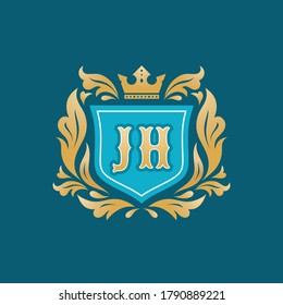 Monogram JH letters - concept logo template design. Crest heraldic luxury emblem. Blue shield, golden leaves and crown. Initials J & H. Vector illustration. 
