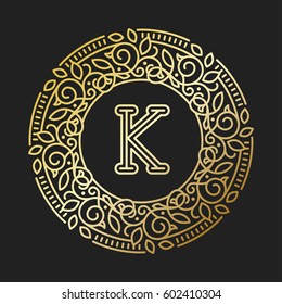 Monogram K Bage Logo Vector Illustration Text Letter Nature Leaf Badge Emblem Line Set Collection Sign Ornament Element Vintage Frame Elegant Ornament