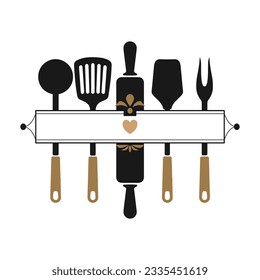 Monogram kitchen utensils, Kitchen logo, Culinary logo Silhouette. Illustration, vector