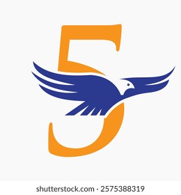 Monogram Letter 5 Flying Eagle Logo Concept For Speed Icon and Transportation Symbol Vector Sign