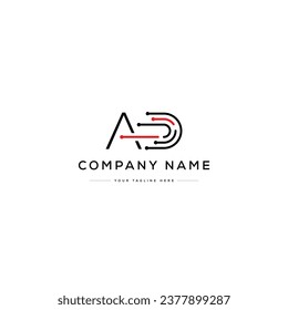 Monogram Letter AD Technology Logo Design. Black and White Logo. Usable for Business Logos. Flat Vector Logo Design Template