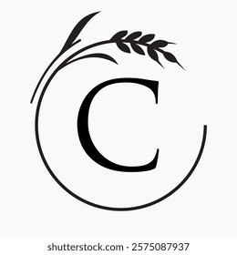 Monogram Letter C Bakery Logo Concept With Grain Wheat Symbol Vector Template