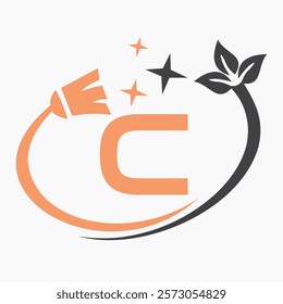 Monogram Letter C Clean Symbol Concept With Cleaning Brush Icon Vector Template