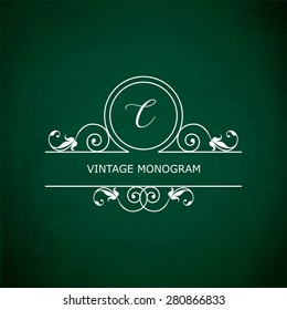Monogram of the letter C, in retro floral style on green chalkboard background. EPS10 vector format