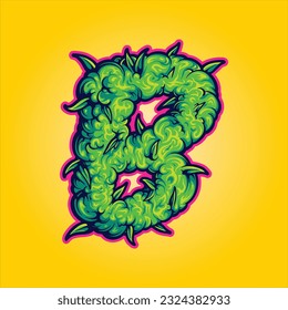 Monogram letter capital B with marijuana buds texture illustrations vector illustrations for your work logo, merchandise t-shirt, stickers and label designs, poster, greeting cards advertising 