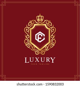 monogram letter CF or FC template logo vector luxury royal crown for greeting card, boutique, wedding