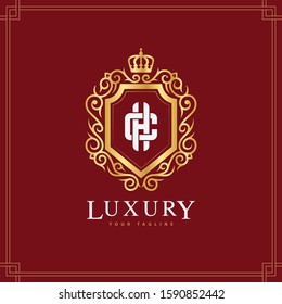 monogram letter CH or HC template logo vector luxury royal crown for greeting card, boutique, wedding