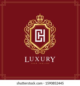 monogram letter CH or HC template logo vector luxury royal crown for greeting card, boutique, wedding