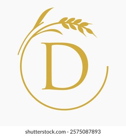 Monogram Letter D Bakery Logo Concept With Grain Wheat Symbol Vector Template