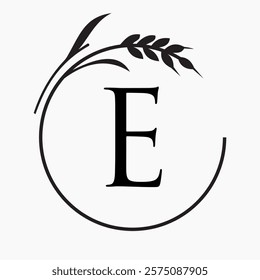 Monogram Letter E Bakery Logo Concept With Grain Wheat Symbol Vector Template