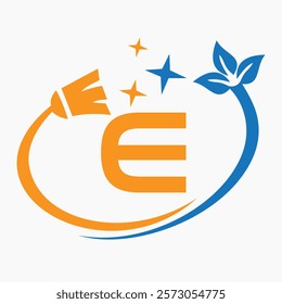 Monogram Letter E Clean Symbol Concept With Cleaning Brush Icon Vector Template