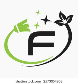 Monogram Letter F Clean Symbol Concept With Cleaning Brush Icon Vector Template