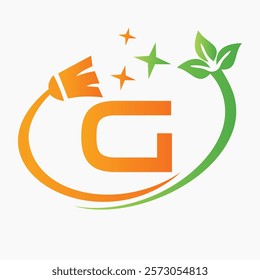 Monogram Letter G Clean Symbol Concept With Cleaning Brush Icon Vector Template