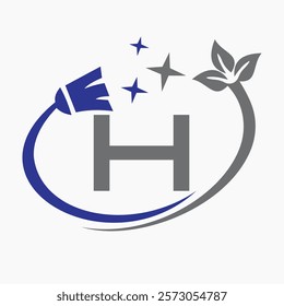 Monogram Letter H Clean Symbol Concept With Cleaning Brush Icon Vector Template