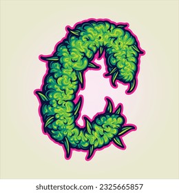 Monogram letter initial C with weed buds texture illustrations vector illustrations for your work logo, merchandise t-shirt, stickers and label designs, poster, greeting cards advertising business