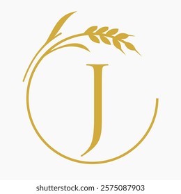 Monogram Letter J Bakery Logo Concept With Grain Wheat Symbol Vector Template