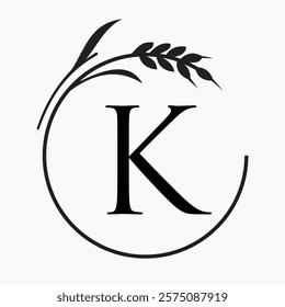 Monogram Letter K Bakery Logo Concept With Grain Wheat Symbol Vector Template