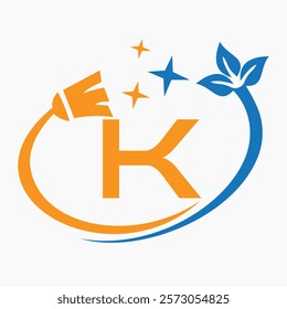 Monogram Letter K Clean Symbol Concept With Cleaning Brush Icon Vector Template