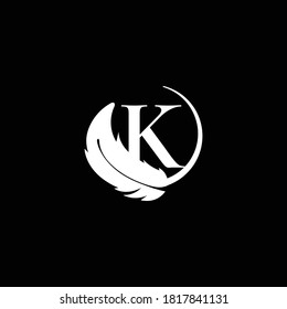 Monogram Letter K Initial Logo with Feather in white color and black background.