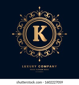 Monogram letter K logo luxury golden vector logo design. Logo for royal service of Restaurant,Boutique,Cafe,Hotel,Heraldic,Jewelry,Fashion,royal,spa,vintage,floral,ornament,jewelry,antique,wedding.