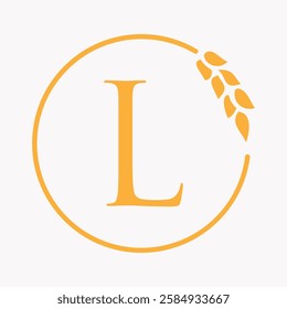 Monogram Letter L Bakery Logo Concept With Grain Wheat Symbol Vector Template