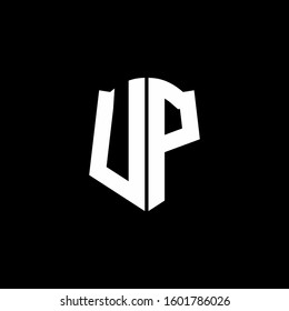 monogram letter logo ribbon with shield style isolated on black background