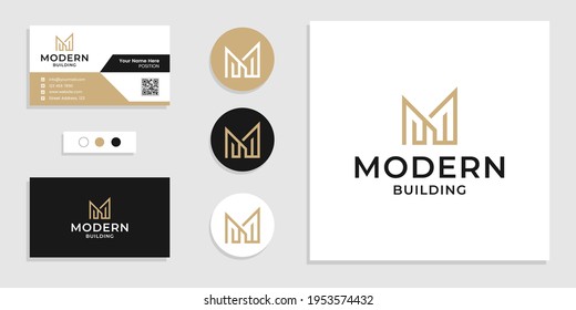 Monogram letter M with building logo and business card design template