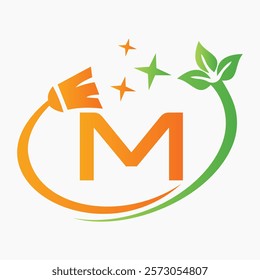 Monogram Letter M Clean Symbol Concept With Cleaning Brush Icon Vector Template