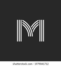 Monogram letter M logo offset thin parallel lines minimal design, linear creative business card emblem