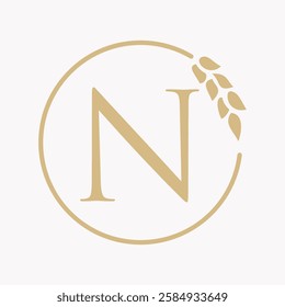Monogram Letter N Bakery Logo Concept With Grain Wheat Symbol Vector Template