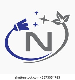 Monogram Letter N Clean Symbol Concept With Cleaning Brush Icon Vector Template