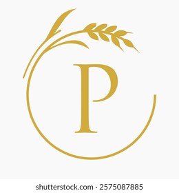 Monogram Letter P Bakery Logo Concept With Grain Wheat Symbol Vector Template