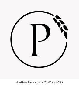 Monogram Letter P Bakery Logo Concept With Grain Wheat Symbol Vector Template