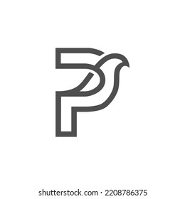 Das Monogramm ist der Buchstabe P und Vogel. Elegant und umrissen.