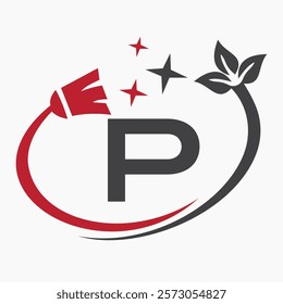 Monogram Letter P Clean Symbol Concept With Cleaning Brush Icon Vector Template