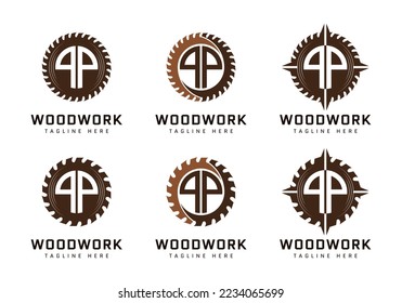 Monogram letter P on sawmill. Perfect for woodworking, industrial and construction logos