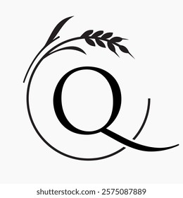 Monogram Letter Q Bakery Logo Concept With Grain Wheat Symbol Vector Template