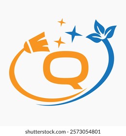 Monogram Letter Q Clean Symbol Concept With Cleaning Brush Icon Vector Template