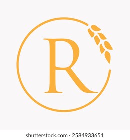 Monogram Letter R Bakery Logo Concept With Grain Wheat Symbol Vector Template